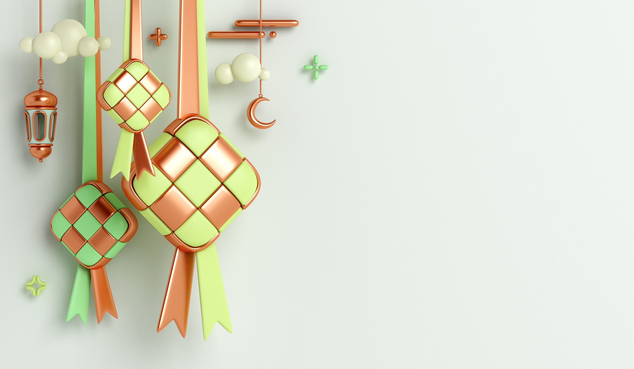 Islamic decoration background with ketupat, crescent, lantern